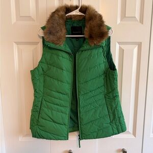 Talbots Green Quilted Vest with Faux Fur Collar